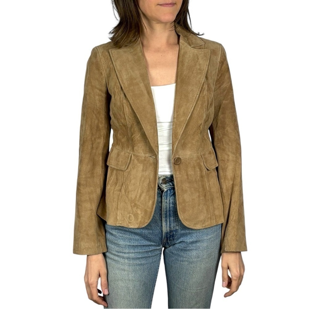 ANN TAYLOR LOFT SUEDE LEATHER TAN RETRO SINGLE BUTTON COLLARED BLAZER JACKET